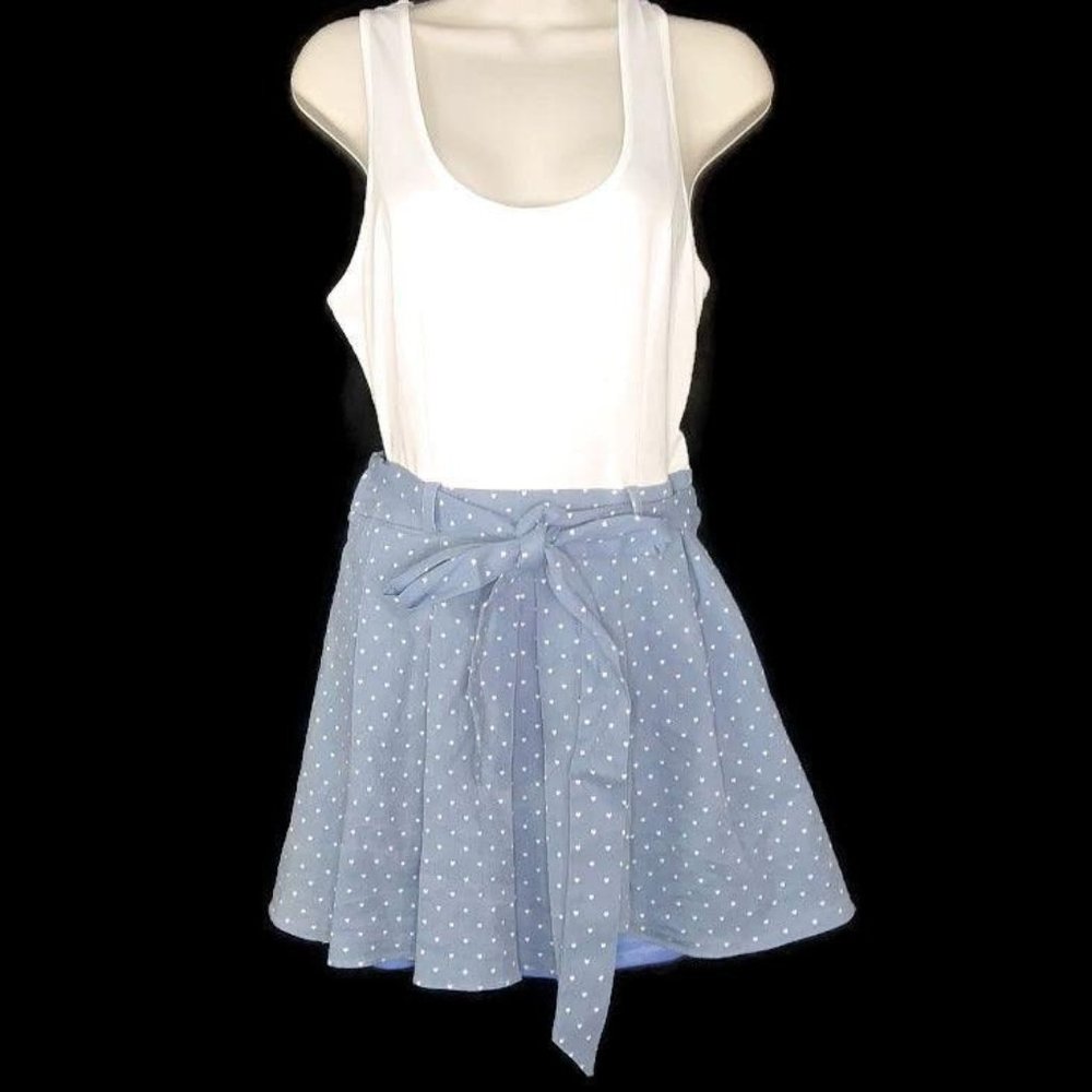 Cals Pleated Denim Heart Print Combo Tank Dress